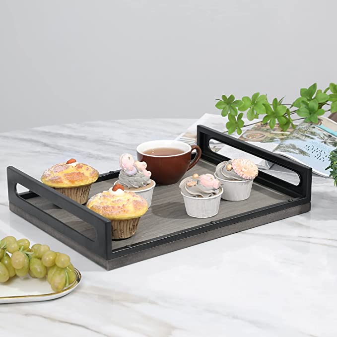 16 x 12 Inch Serving Tray with Handles, Black Metal and Vintage Gray Decorative Ottoman Tray-MyGift