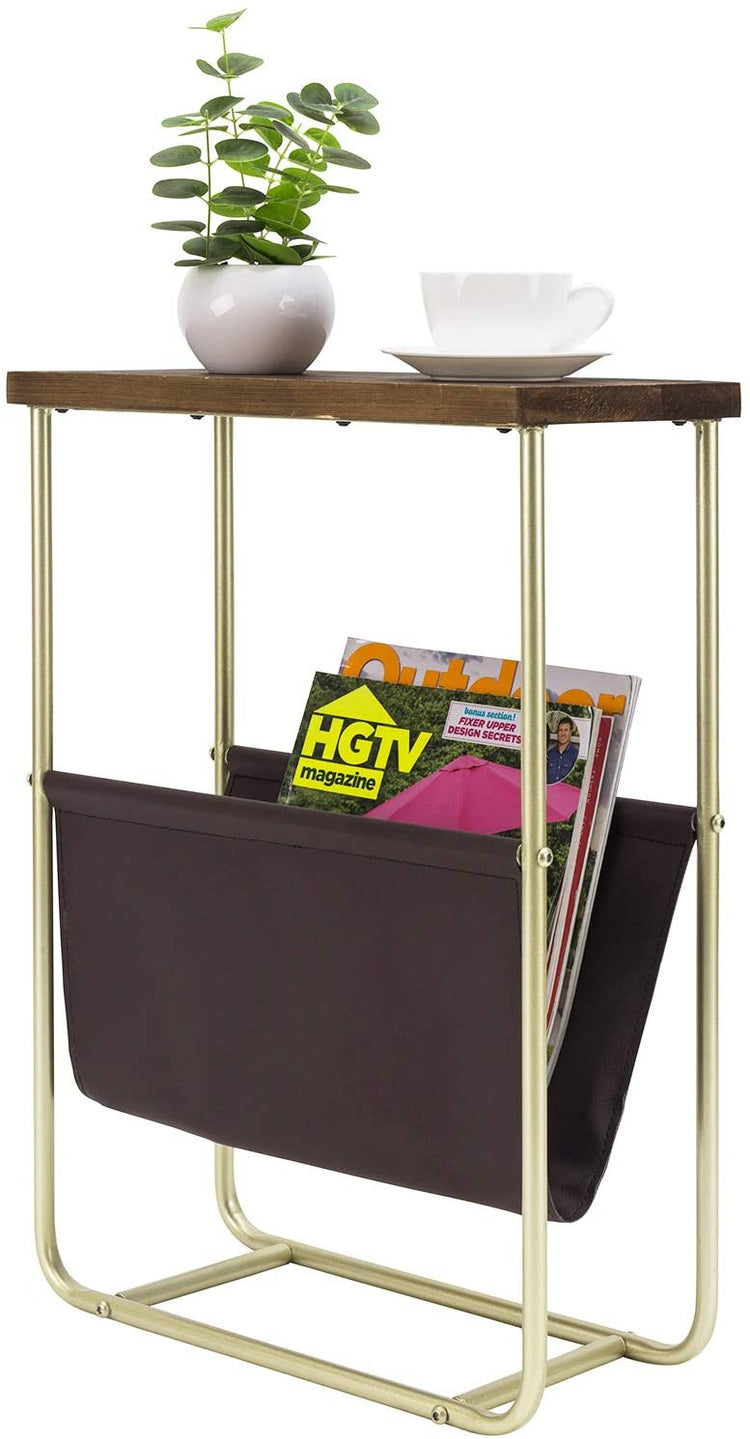 Dark Brown Burnt Wood and Brass Tone Metal Side Table with Leatherette Magazine Holder Sling-MyGift