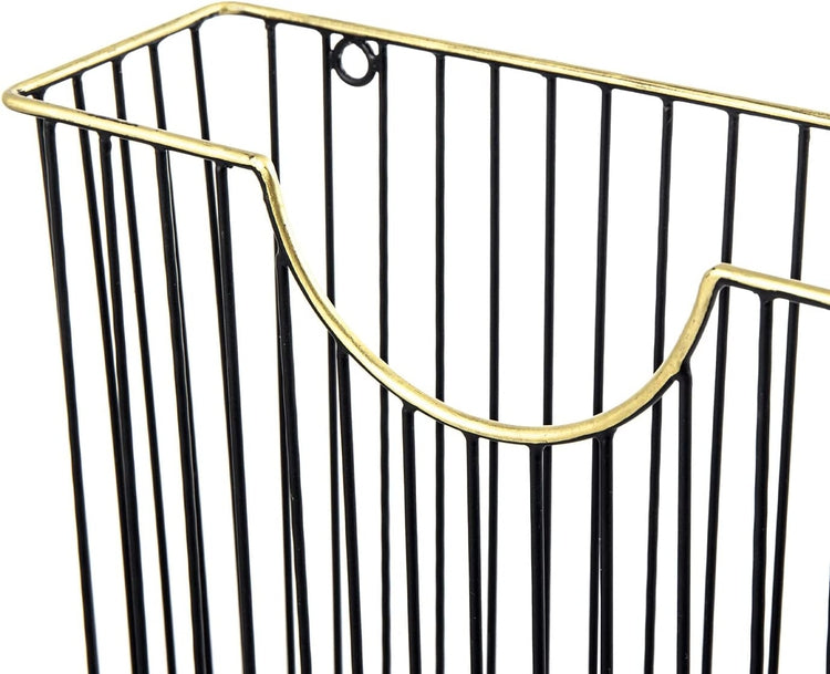 Art Deco Style Matte Black Metal Wire Magazine Rack with Brass Tone Rim, Wall Mounted Holder Storage Basket for Mail-MyGift