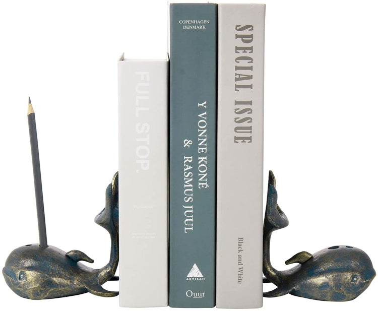 Whale Shaped Bookends, Decorative Oxidized Cast Iron Nautical Ocean Animal Sculpture Design Book Holder-MyGift