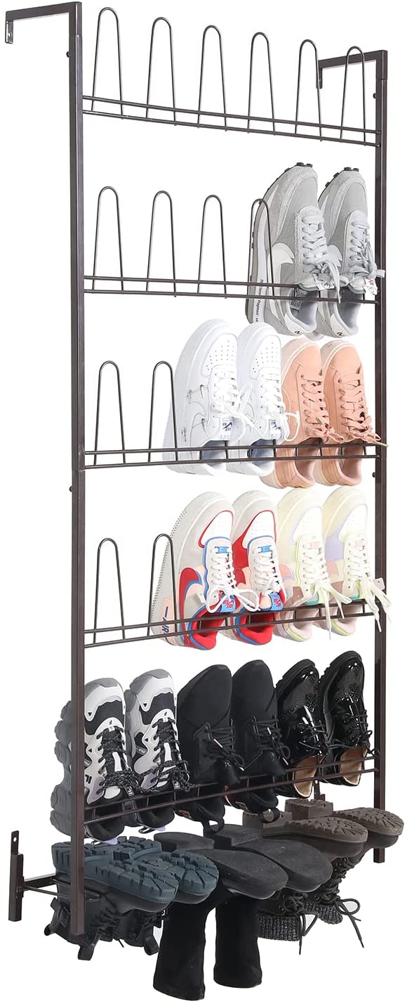 5-Tier Wall Mounted Dark Brown Metal 18 Pair Boot and Shoe Storage Rack Organizer Stand-MyGift
