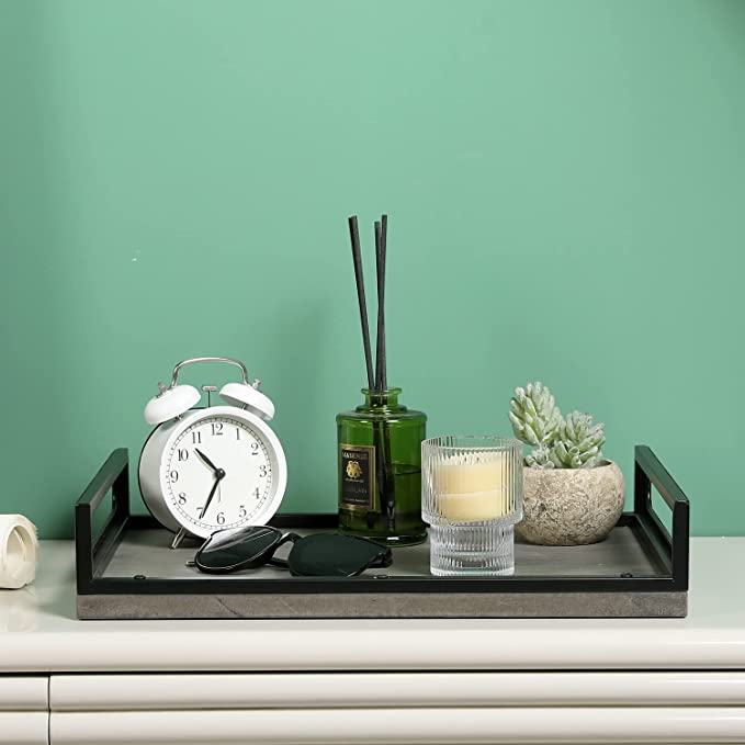16 x 12 Inch Serving Tray with Handles, Black Metal and Vintage Gray Decorative Ottoman Tray-MyGift