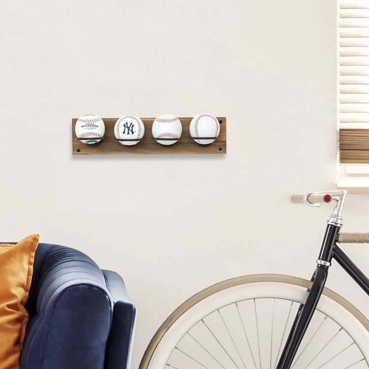 Baseball Holders for Ball Display Rack, Burnt Wood and Matte Black Metal Wire Wall Mounted Ball Storage-MyGift
