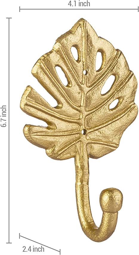 Vintage Gold Metal Wall Hanging Hooks with Leaf Design, Wall Mounted Entryway Coat Hooks, Set of 4-MyGift