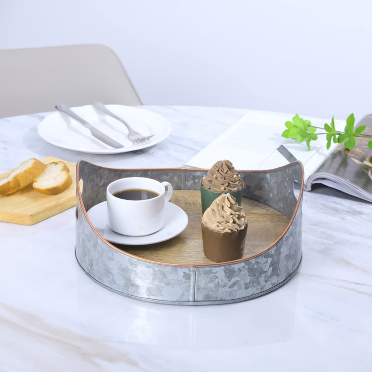 Silver Galvanized Metal Large Oval Serving Tray, Mango Wood Base and Brass Sloping Rim, Farmhouse Tray Decor-MyGift