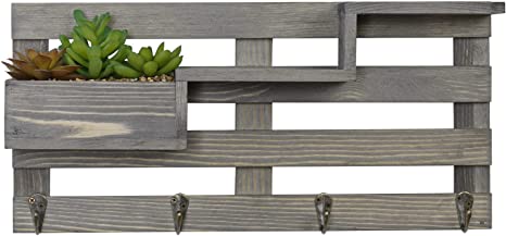Vintage Gray Wood Key Rack for Wall Entryway with Tiered Shelving and Artificial Succulent Planter Box-MyGift