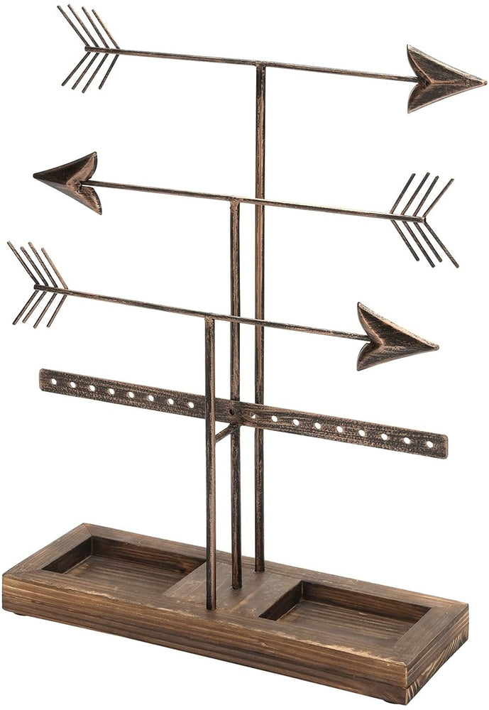 3 Tier Bronze Metal Arrows Design Jewelry Holder Rack, Earring and Necklace Tower with Burnt Wood Ring Dish Tray-MyGift