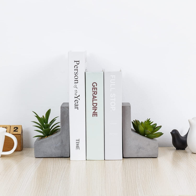 L-Shaped Concrete Bookends with Artificial Succulent Plants, Desktop Heavy Duty Book Stands-MyGift