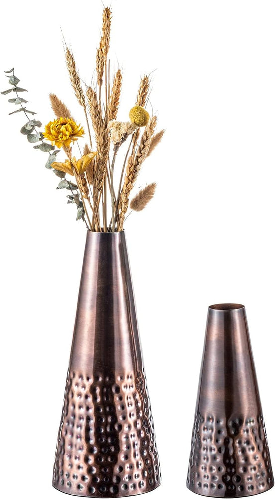 7 and 10.5 Inch Copper Tone Metal Tapered Flower Vases with Hammered Pattern, Handcrafted Vase for Floral Arrangements-MyGift