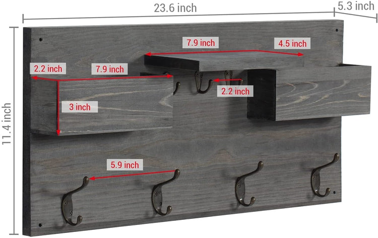 Gray Wood Wall Mounted Entryway Organizer Rack with Antique Coat Hangers, Key Hooks, Display Shelf and Mail Sorter Bins-MyGift