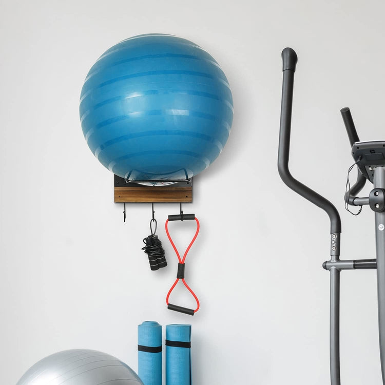 Wood and Black Metal Wall Mounted Exercise Ball Organizer with 3 Bottom Storage Hooks, Medicine Ball Equipment Holder-MyGift