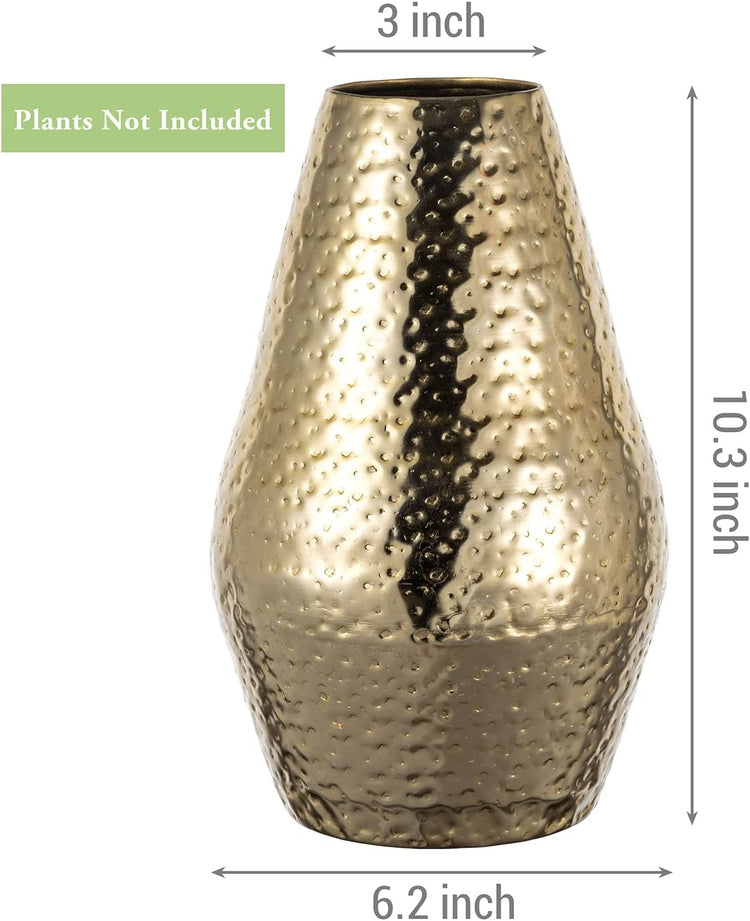 10 inch Tall Brass Tone Metal Flower Vase with Pebbled Texture, Hammered Centerpiece Holder for Floral Arrangements-MyGift