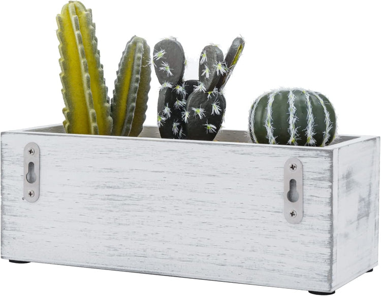 Artificial Mini Cactus Plants in Mixed Color Blue and White Wood Planter, Wall Mounted Rectangular Box-MyGift