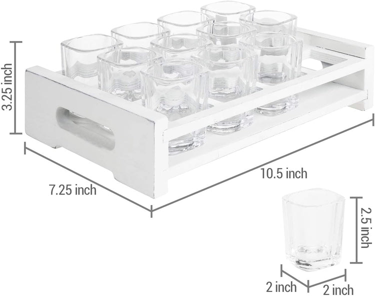12 Shot Glass Set with Decorative Vintage White Wood Tray, Home Bar or Restaurant Shot Glass Set-MyGift