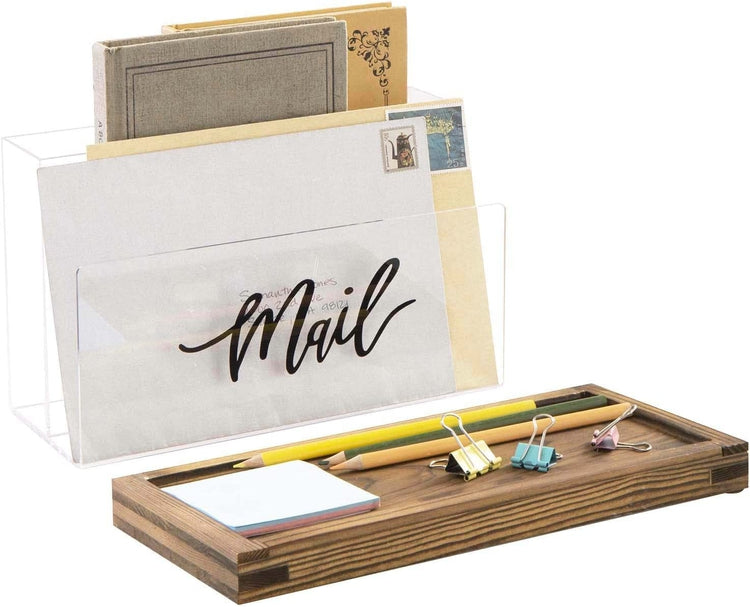 Clear Acrylic Mail Sorter with Removable Burnt Wood Tray Base, Desktop Letter Holder with Black Cursive MAIL Label-MyGift