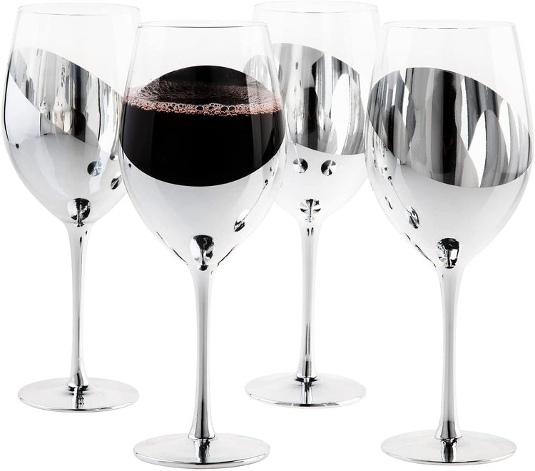 Set of 4, 14 oz Stemmed Wine Glasses with Silver Angled Metallic Accent-MyGift