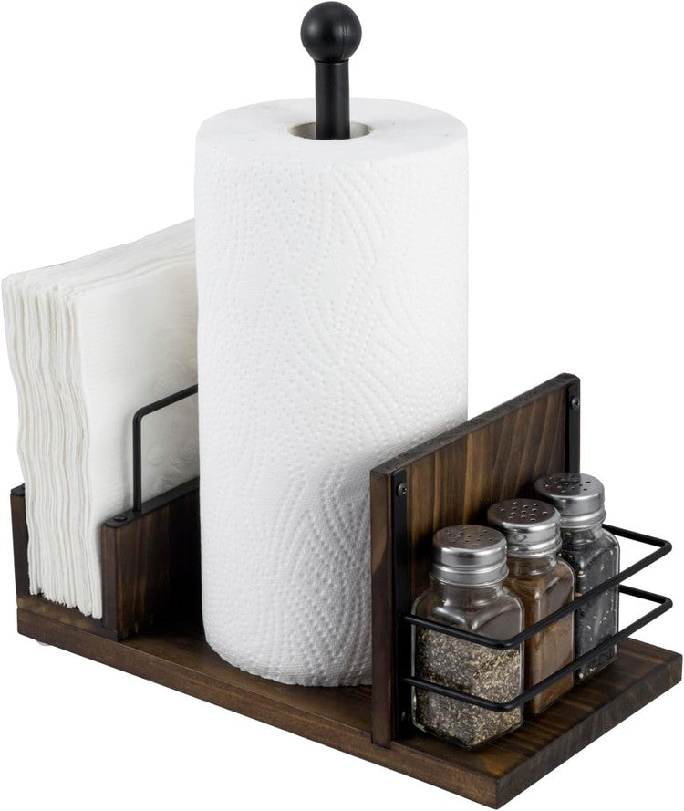 Burnt Wood, Industrial Matte Black Metal Dining Caddy with Paper Towel Roll Dispenser Stand, Napkin Holder, Spice Rack-MyGift