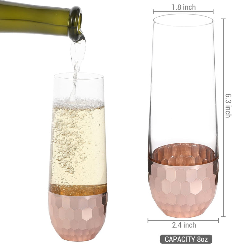 Set of 4, Stemless Champagne Flute Party Glasses with Hammered Style Copper Plated Bottoms-MyGift