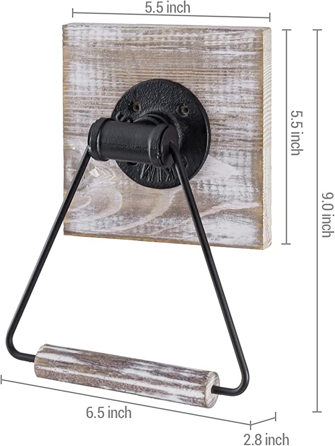 Shabby Whitewashed Wood and Matte Black Metal Triangular Hand Towel Ring for Bathroom-MyGift
