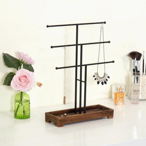 Black Metal Jewelry Stand w/ Brown Wood Ring Tray-MyGift