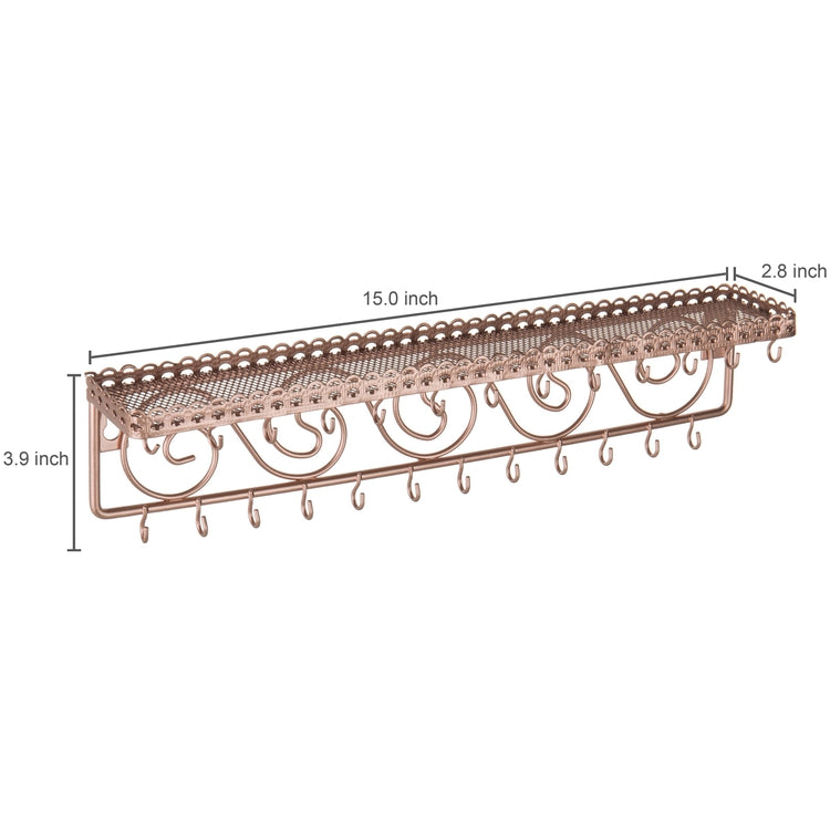 Rose Gold Metal Jewelry Rack with 25 Hooks, Wall Mounted Scrollwork Cosmetics Shelf-MyGift