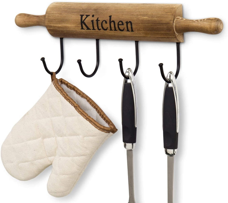 4-Hook Burnt Brown Wood Wall Mounted Rolling Pin Design Kitchen Storage for Cooking Utensils, Mugs and Hand Towels-MyGift