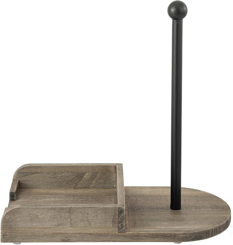 Weathered Gray Wood and Black Metal Paper Towel Roll Holder and Napkin Dispenser Combination Storage Rack-MyGift