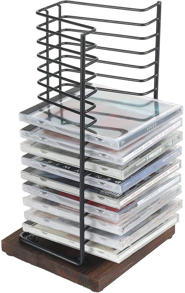 Matte Black Metal Wire and Burnt Wood Base Compact Disc Holder Vertical Storage CD Display Rack, Holds 15 Jewel Cases-MyGift