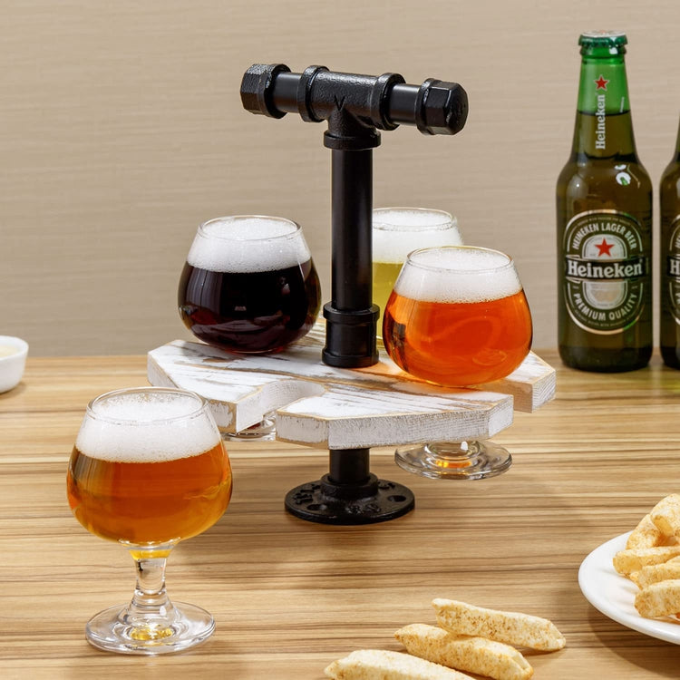 Industrial Pipe and Vintage Weathered Gray Wood Beer, Whiskey Flight Set with 4 Glasses-MyGift
