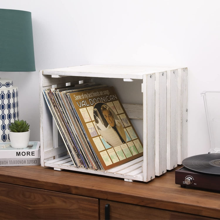Whitewashed Wood Vinyl Record Storage Box, Crate Style LP Album Organizer Bin-MyGift