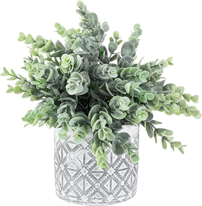 Artificial Plants in Concrete Pot Fake Potted Plants for Home Living Room Office Décor, Artificial Potted Eucalyptus Boxwood Plant Faux Greenery-MyGift