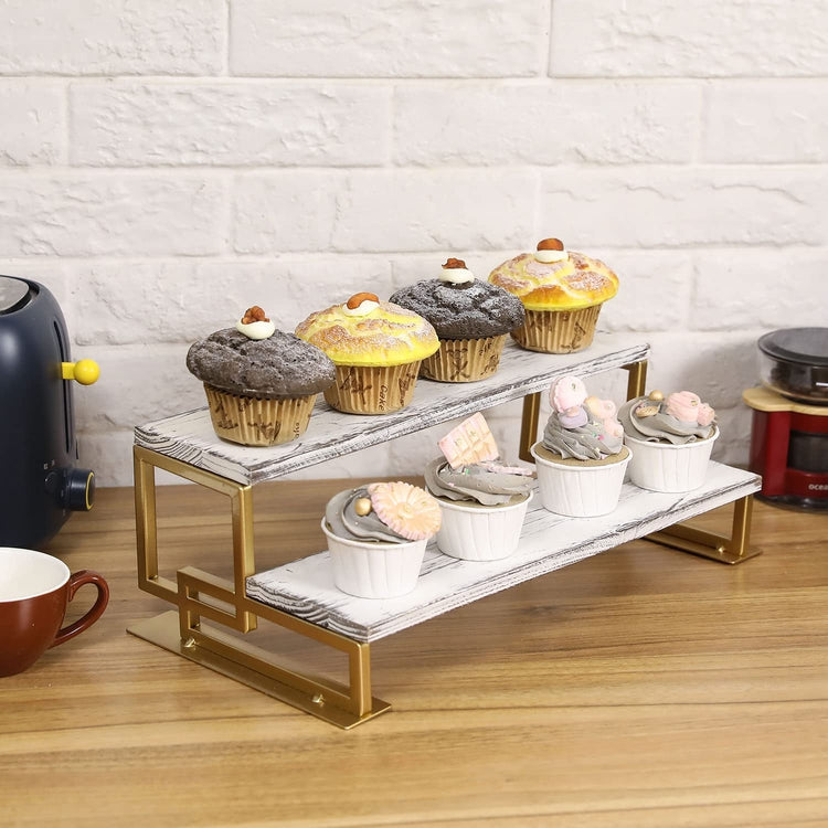 2-Tier Whitewashed Wood and Brass Tone Metal Dessert Holder Cupcake Display Riser Rack Stand-MyGift