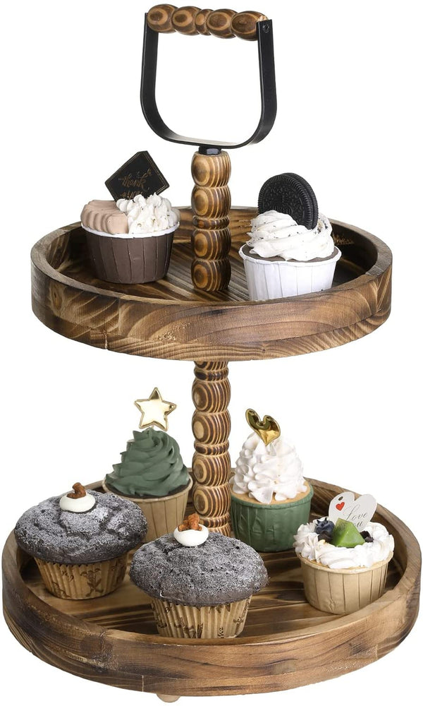 2-Tier Cupcake Stand, Dark Burnt Wood Round Rimmed Dessert and Appetizer Serving Tray Display Tower-MyGift