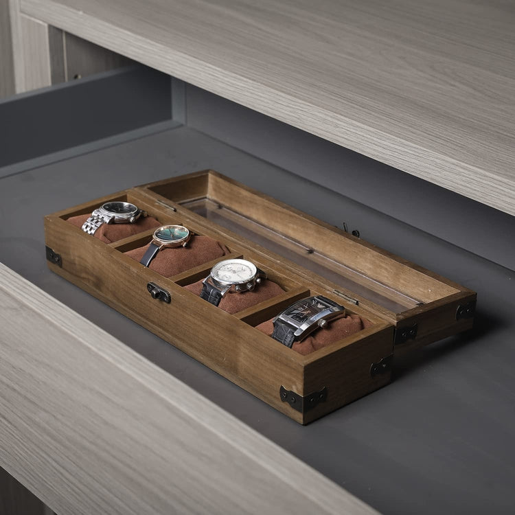 Walnut Wood Wristwatch Storage Case, Jewelry Organizer Box with Clear Acrylic Lid, Lock and Brass Metal Corner Accents-MyGift