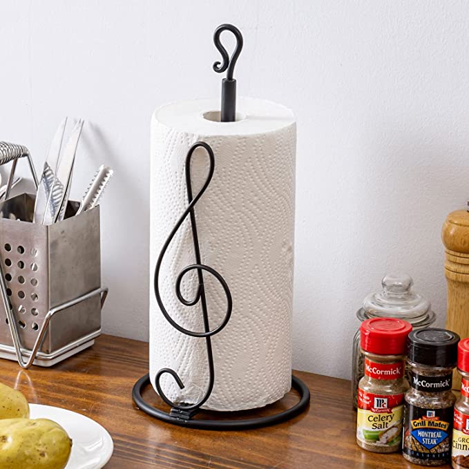 Kitchen Paper Towel Holder with Matte Black Metal Finish and Treble Clef Music Symbol Design-MyGift