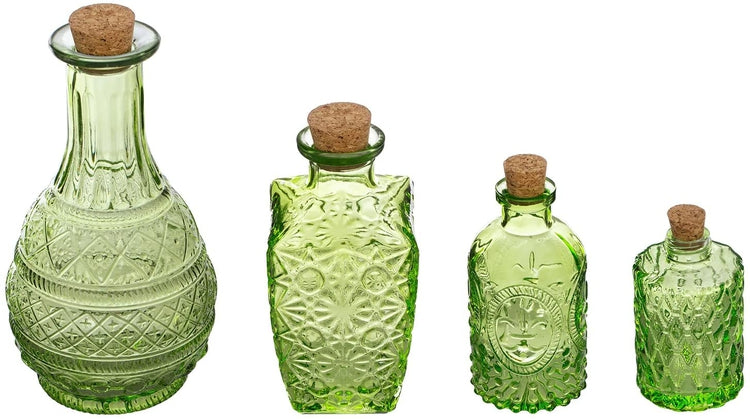 Set of 4, Embossed Green Glass Decorative Reed Diffuser Bottles with Cork Lids, Small Apothecary Style Flower Bud Vases-MyGift