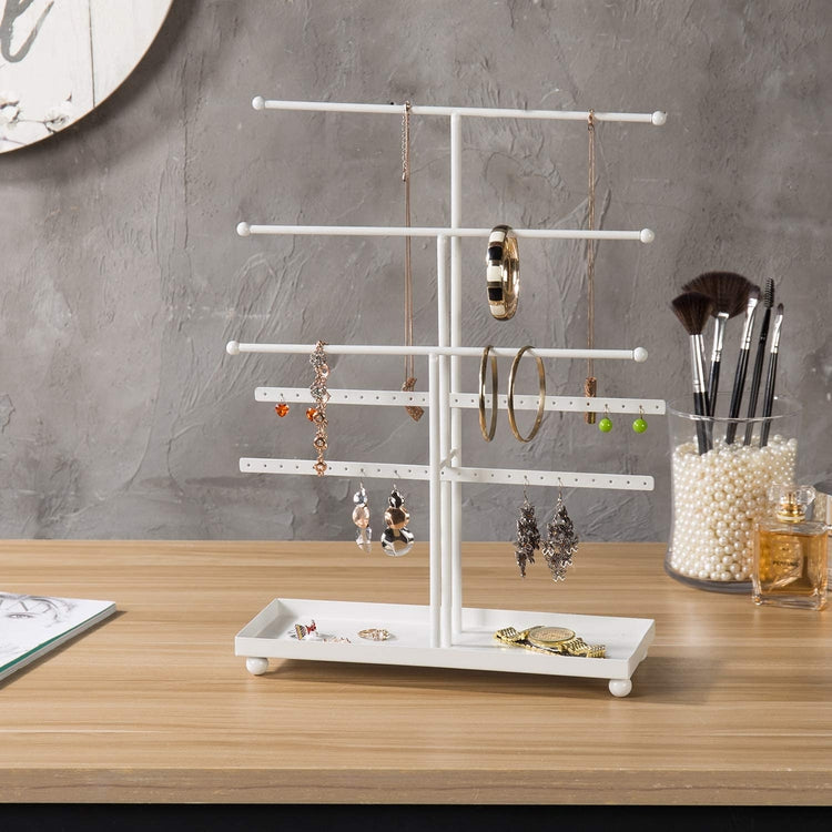 5-Bar White Metal Jewelry Organizer with Ring Tray, Tabletop Necklace & Bracelet Holder Stand-MyGift