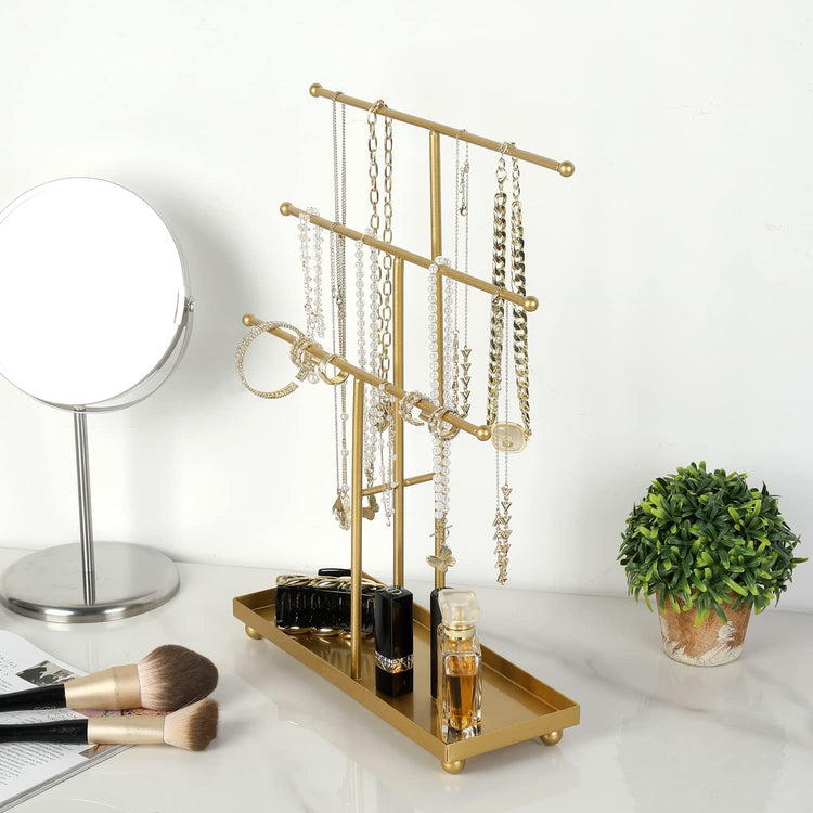 Tiered Brass Tone Metal Tabletop Jewelry Tower, Necklace Hanger, Earring Organizer Rack with Ring Dish Tray-MyGift