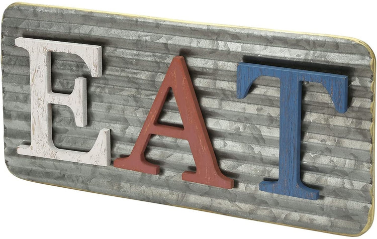 Red, White and Blue Cutout EAT Wood Letters with Corrugated Galvanized Metal Back Hanging Wall Art-MyGift