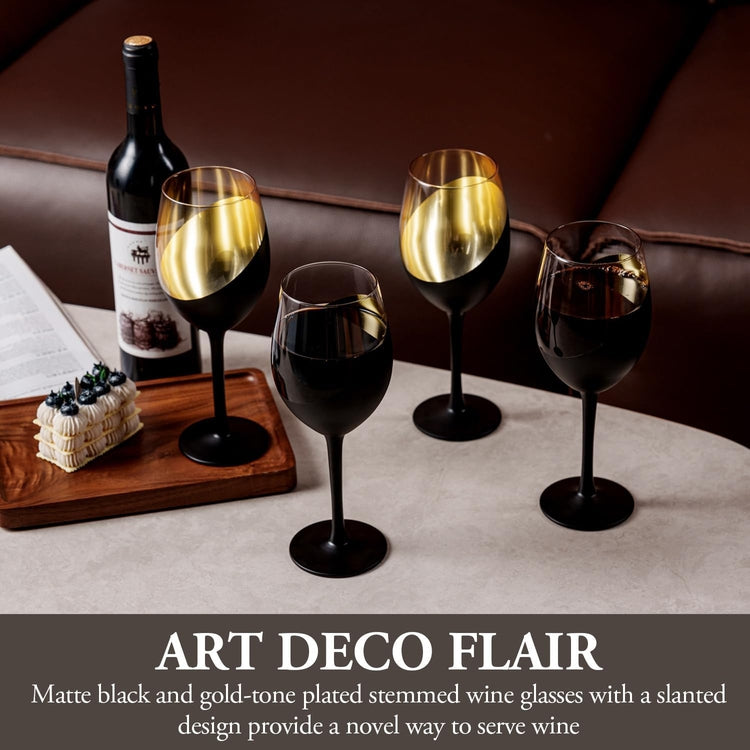 Matte Black and Gold Stemmed Wine Glasses, Elegant Angled Design Wine Glasses, Set of 6-MyGift