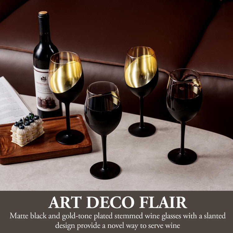 Black and Gold Stemmed Wine Glasses, Metallic Interior Accent Glass Stemware, Set of 6-MyGift