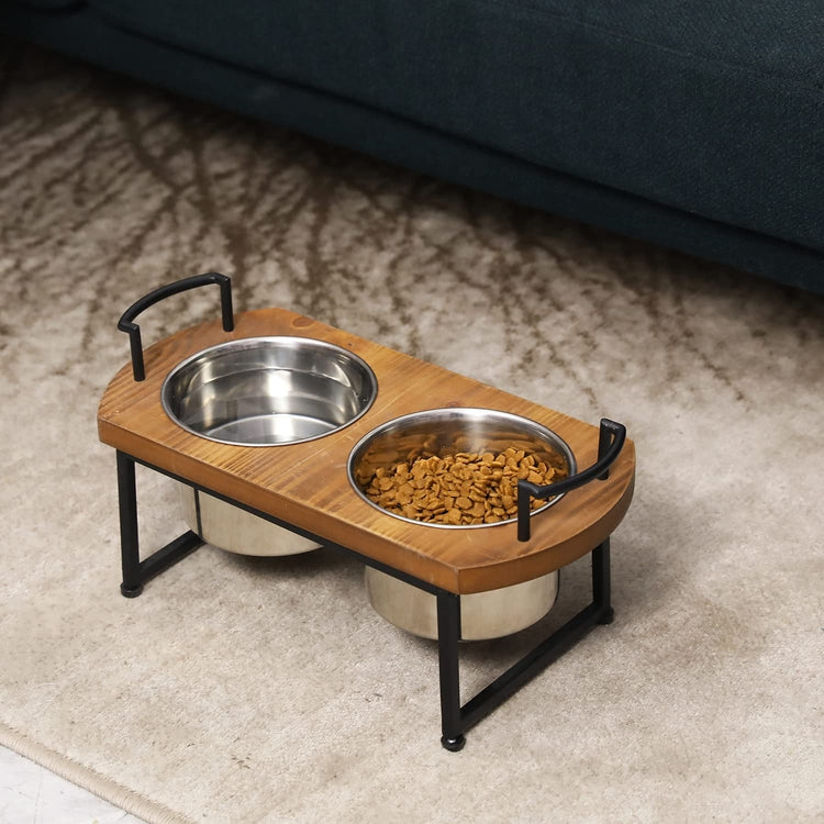 Rustic Burnt Wood and Industrial Black Metal Pet Feeder Tray with