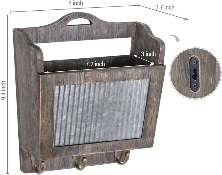 Wall Mounted Weathered Gray Wood and Corrugated Galvanized Metal Mail Basket with Key Hooks-MyGift