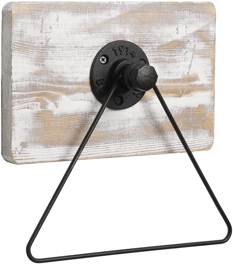 Burnt Brown Wood and Black Industrial Metal Pipe Triangular Hand Towel Holder Bathroom Wall Hanger Rack-MyGift