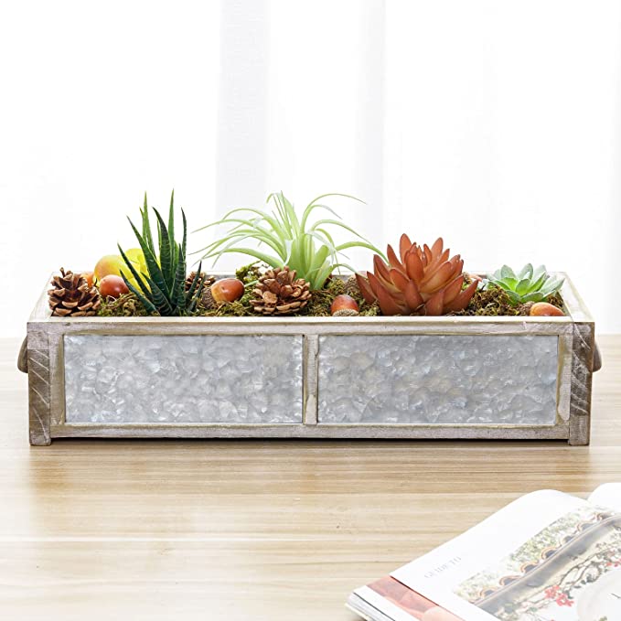 Decorative Artificial Succulents, Wood and Metal Tabletop Artificial Succulent Centerpiece with Vintage Brass Tone Handles-MyGift