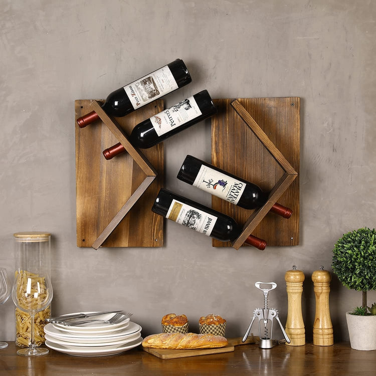 Set of 2, Burnt Wood Wall Mounted Wine Bottle Display Storage Holder Rack, Holds up to 8 Bottles-MyGift