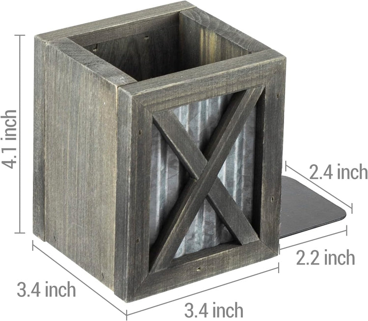 Gray Wood and Corrugated Galvanized Metal Bookends, Desktop Book Ends with Pen Holder Pencil Cup Stationery Storage Bins-MyGift