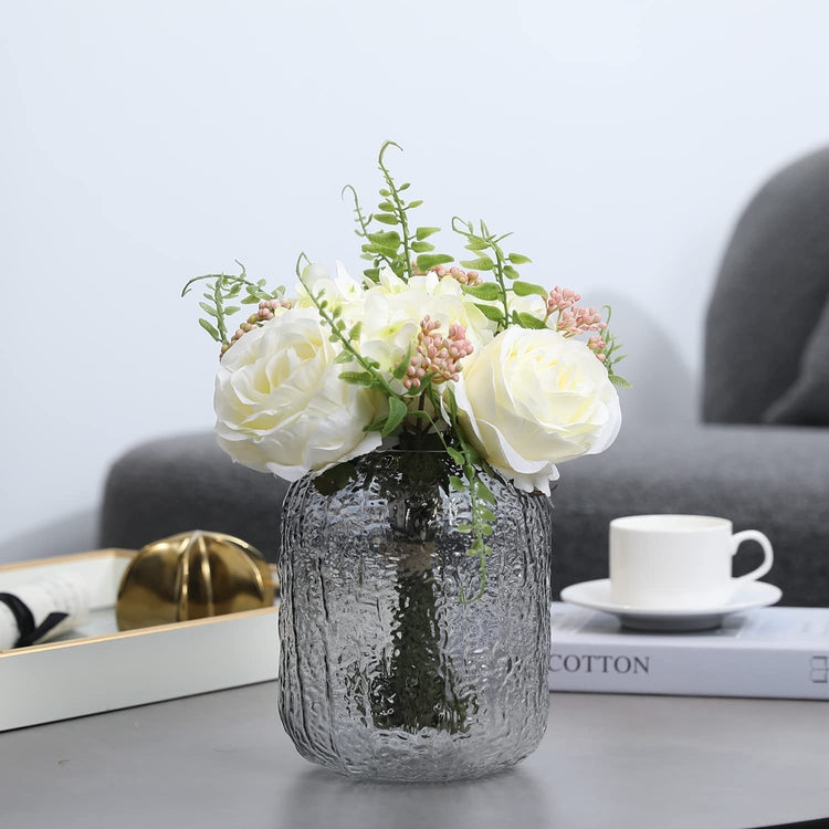 Artificial White Roses Bouquet Fake Wedding Flowers Arrangement with Gray Tinted Textured Embossed Glass Vase-MyGift