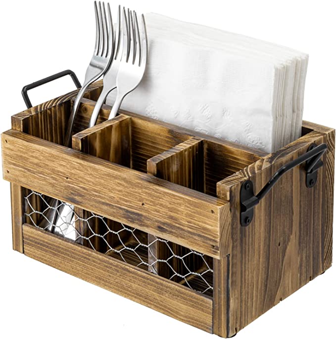 Brown Wood Utensil Holder & Napkin Rack with Black Metal Carry Handles and Chicken Wire Front Panel-MyGift