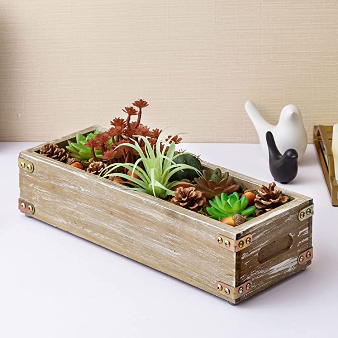 Artificial Succulent Plant in Whitewashed Wood Planter, Tabletop Window Box Planter with Vintage Brass Metal Corner Wraps and Handles-MyGift